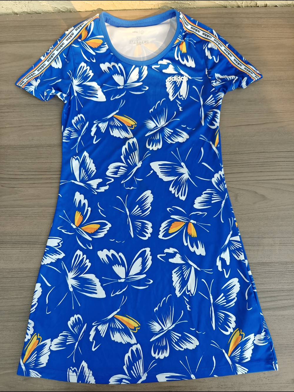 adidas Blue Butterfly Print Casual Dress with Orange Accents